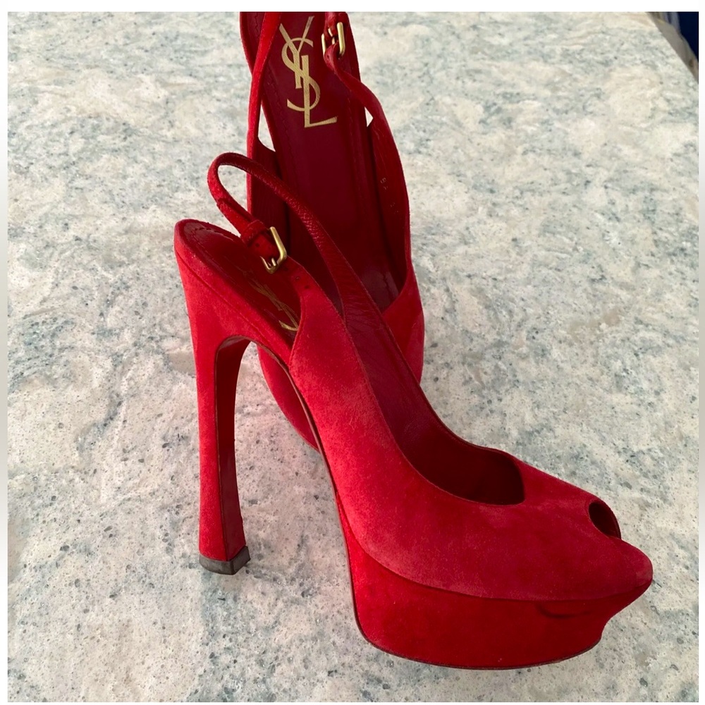 Women’s red suede platform YSL shoes size 7.5/38